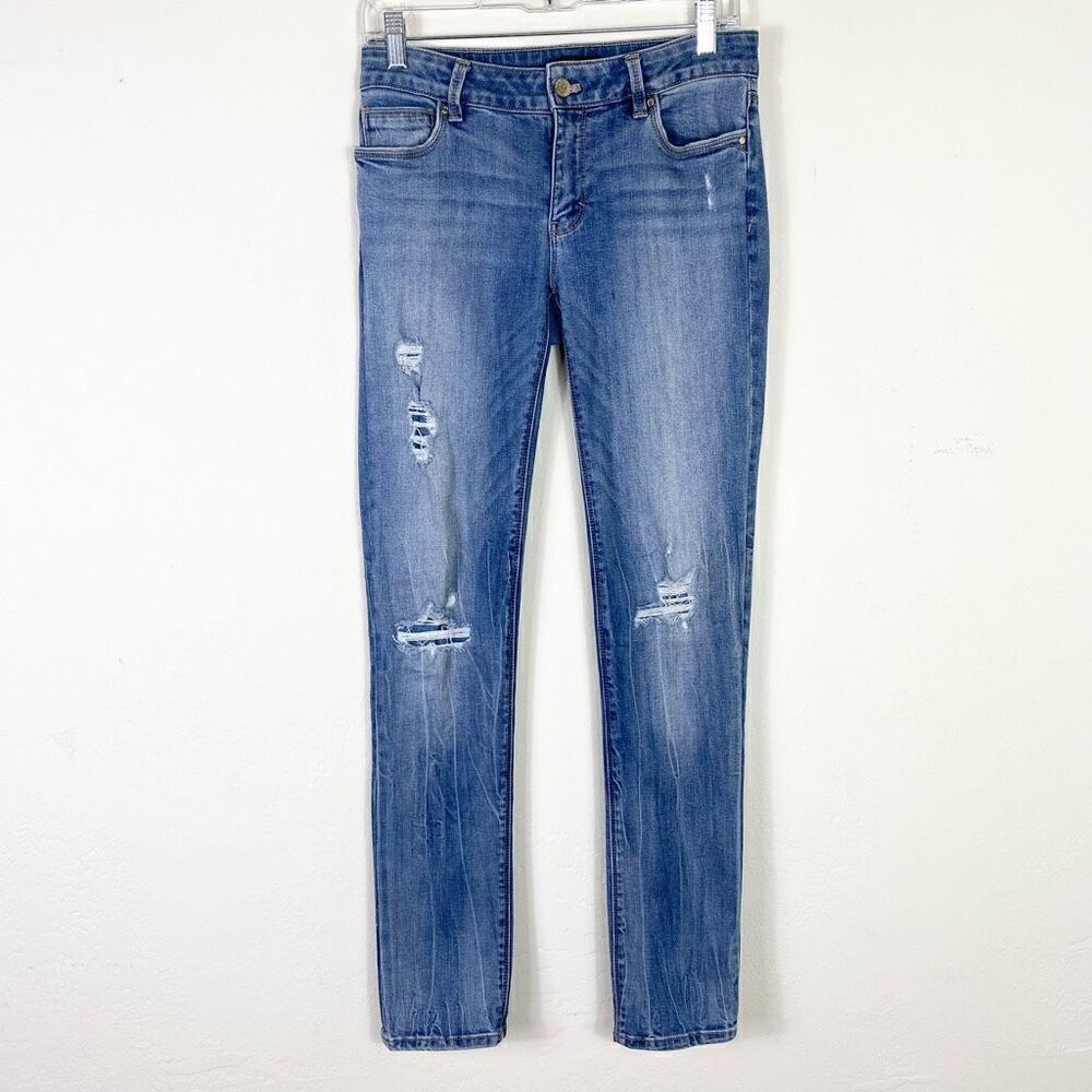 WHBM Light Wash Distressed Patched Low Rise Slim Leg JeansβSize 4